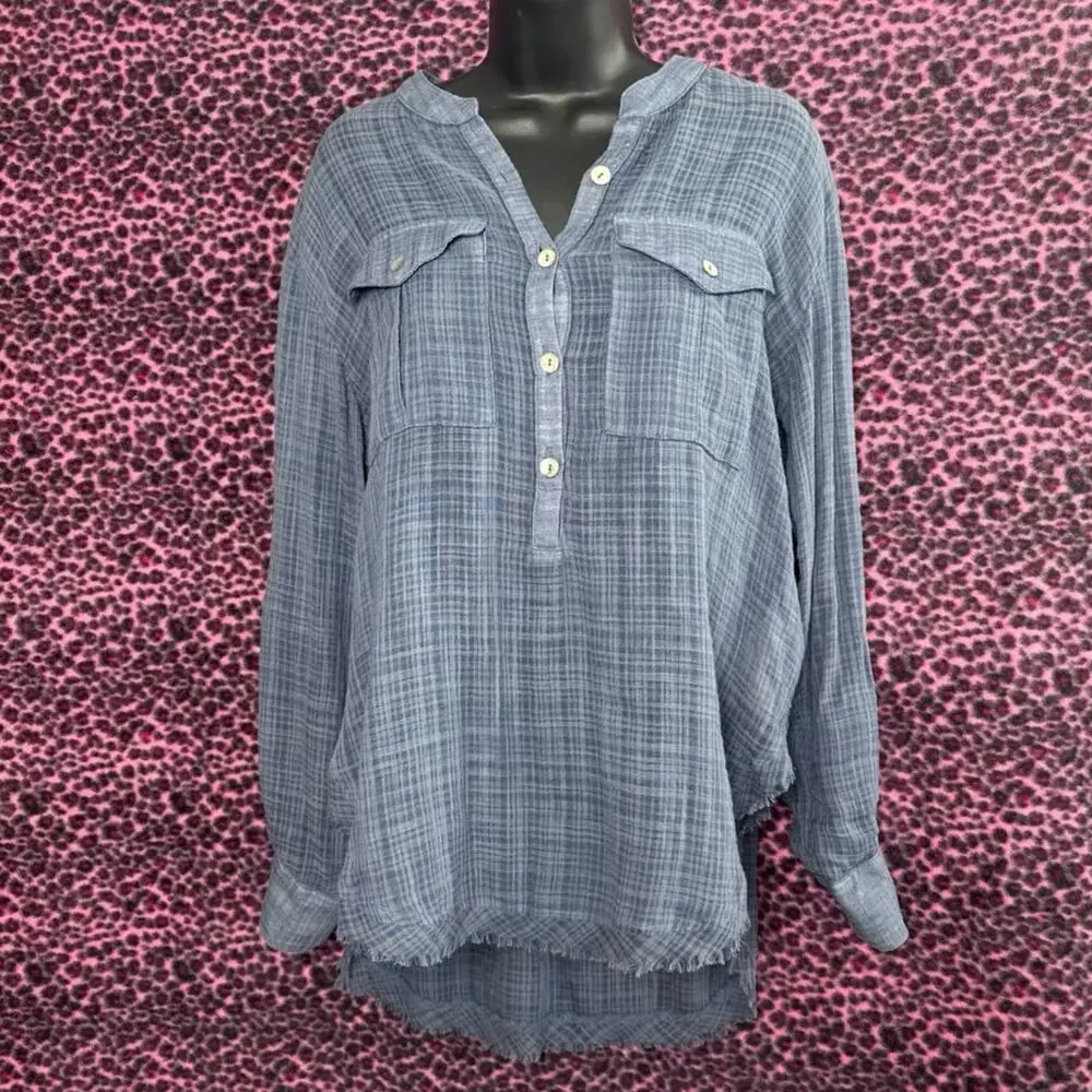 Free People Talk To Me Plaid Gauze Popover Frayed Hem Boho Tunic Top Size XS